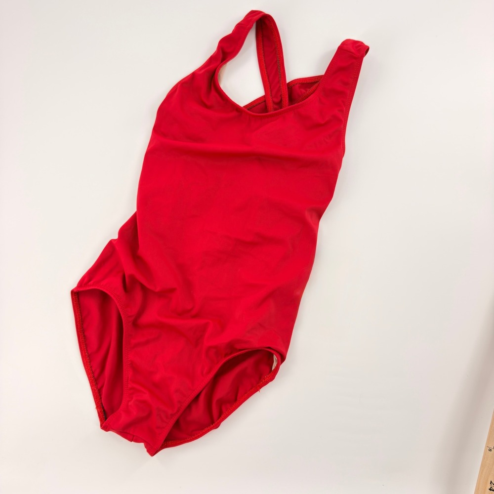 Girls Red One Piece Leotard Strappy Cross Back Cut Out Athletic
